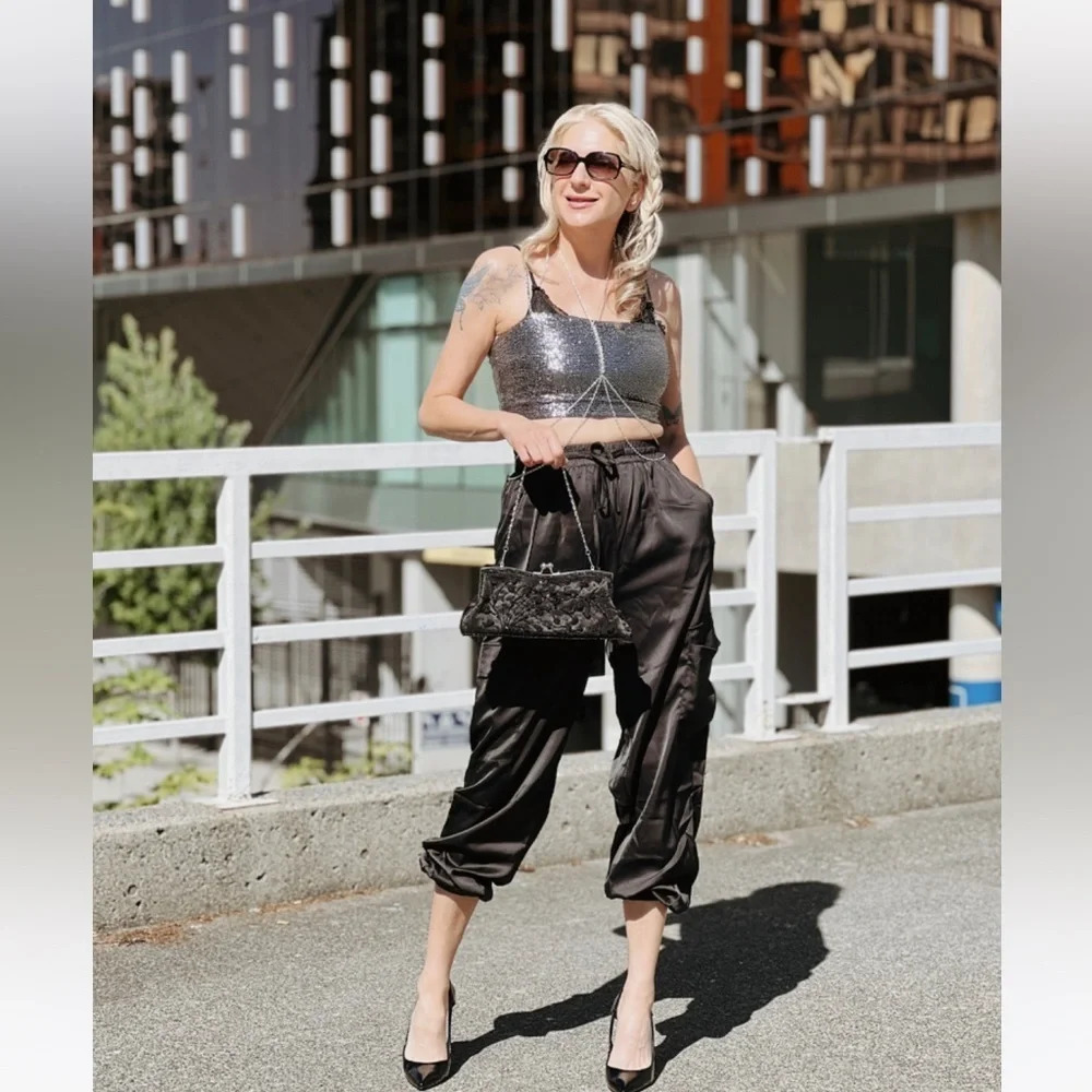 Sexy Satin Finish Cargo Pant with elastic waist trendy & comfortable size  small